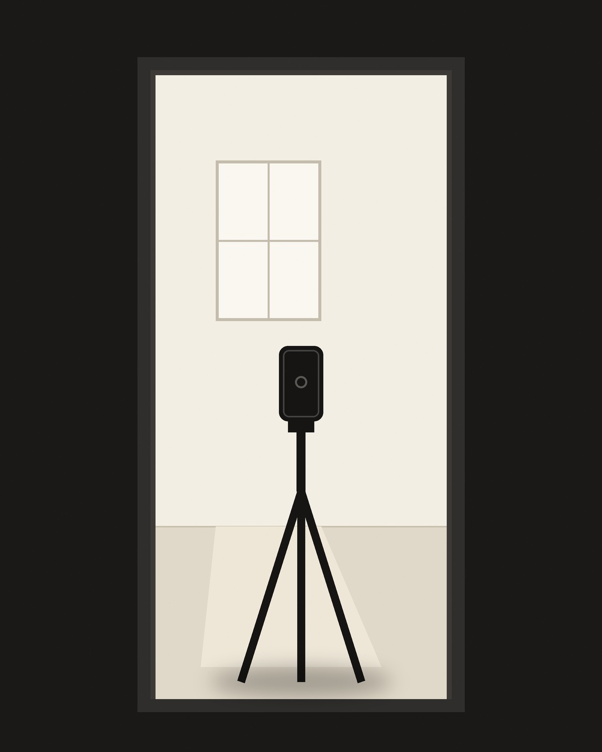 Illustration: camera on a tripod in a doorframe, looking into a bright room