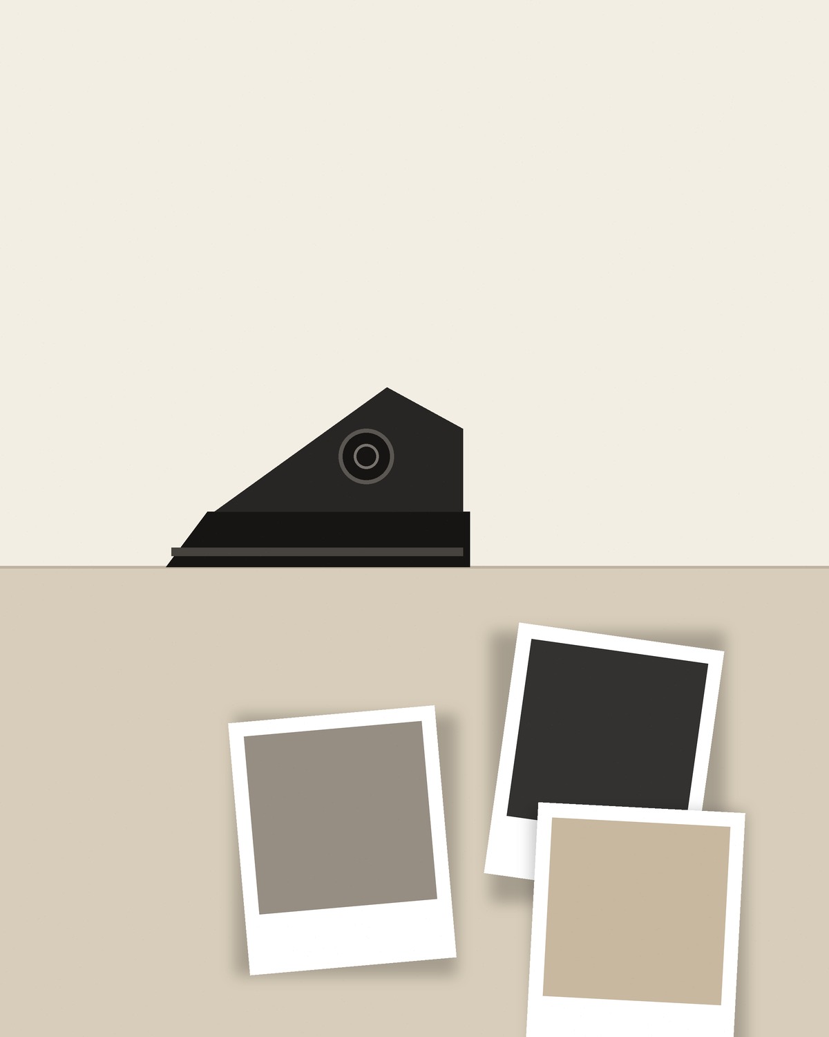 Illustration: instant camera and three freshly developed Polaroids on a table